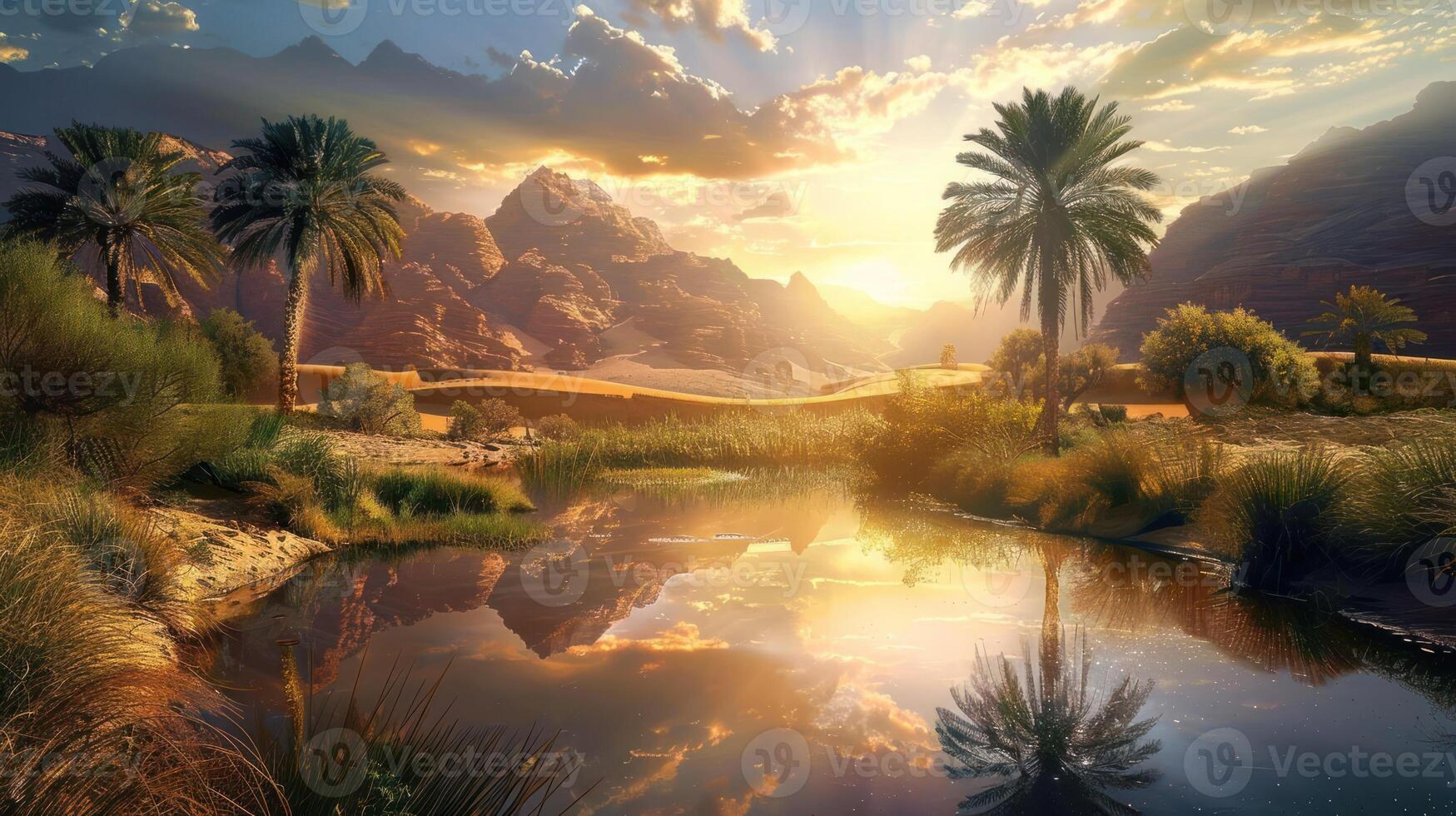 A serene landscape at sunset, featuring mountains, palm trees, and a reflective water body. photo