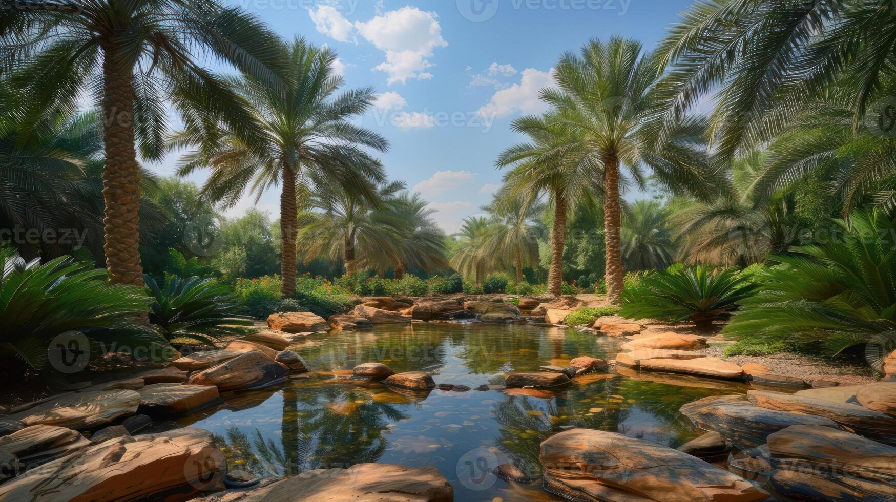 A serene oasis featuring palm trees and a tranquil pond surrounded by rocks and lush greenery. photo