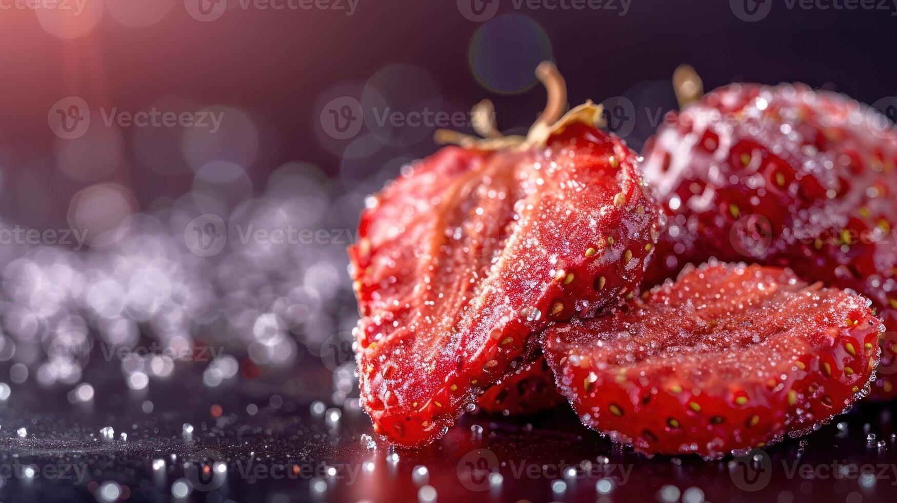 Close-up of sliced strawberries sprinkled with sugar on a dark surface. photo