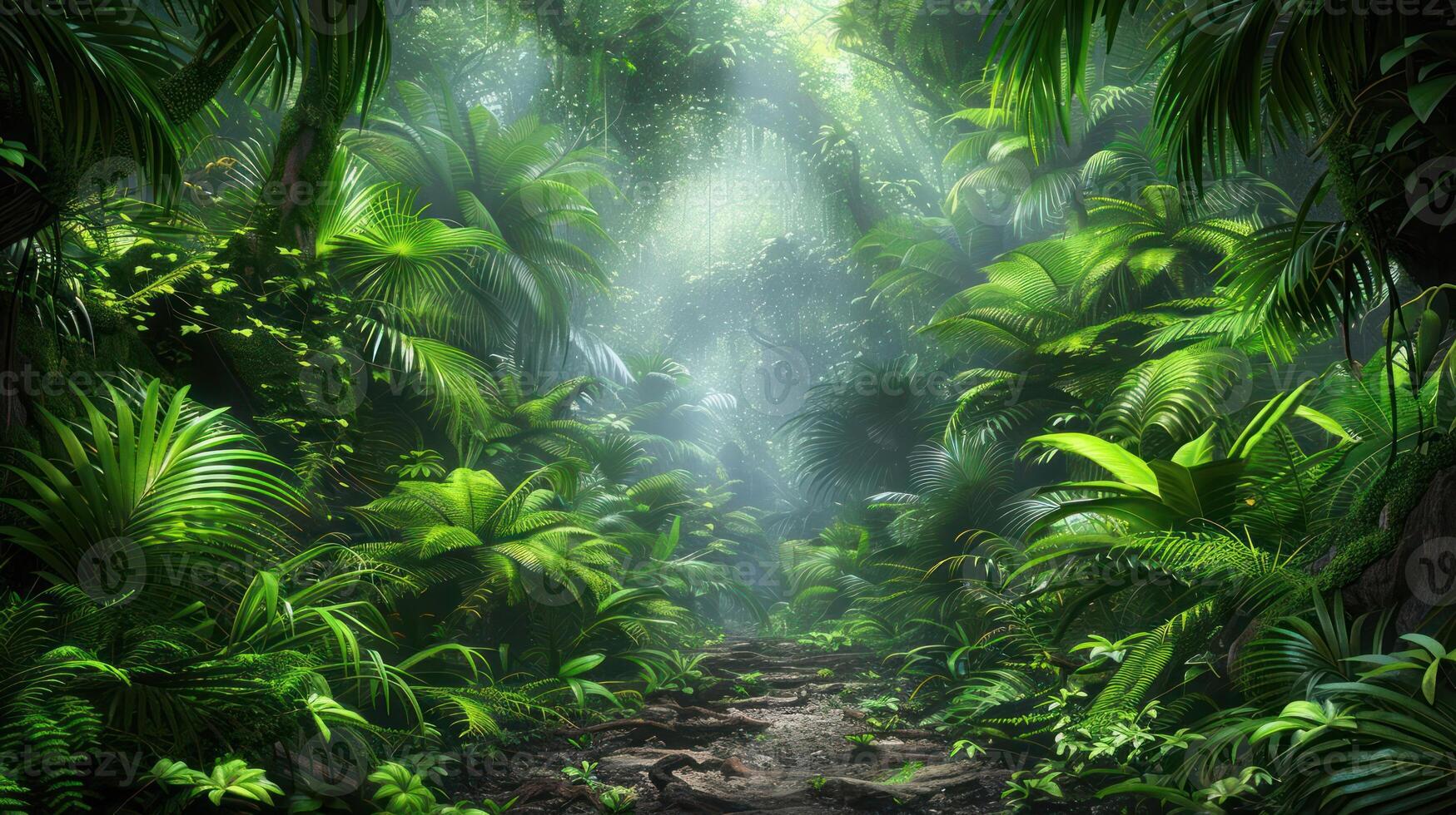A lush jungle path illuminated by soft light, inviting exploration and connection with nature. photo