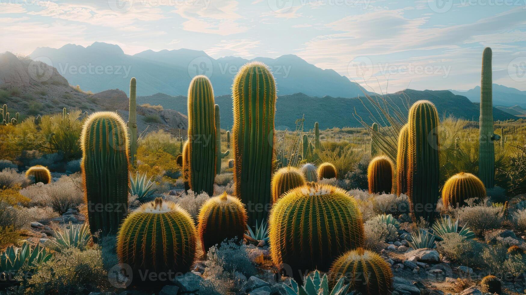 A scenic desert landscape featuring various cacti against a mountainous backdrop. photo
