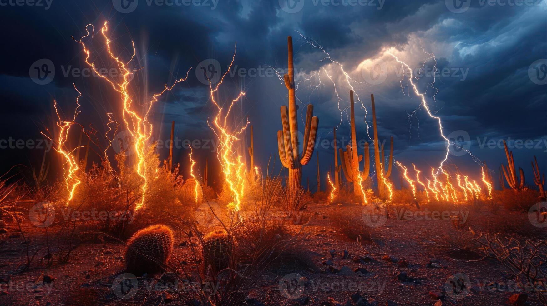 A dramatic desert landscape illuminated by lightning, featuring cacti and a stormy sky. photo