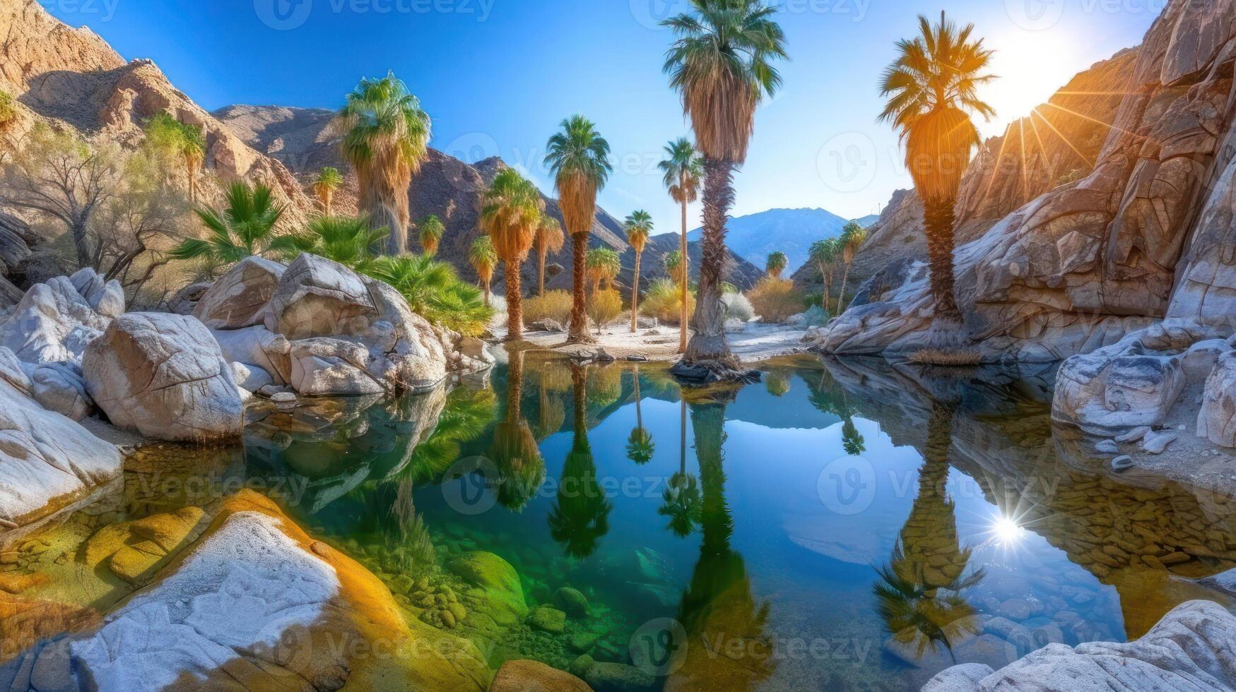 A serene oasis with palm trees reflecting in tranquil waters under a bright blue sky. photo