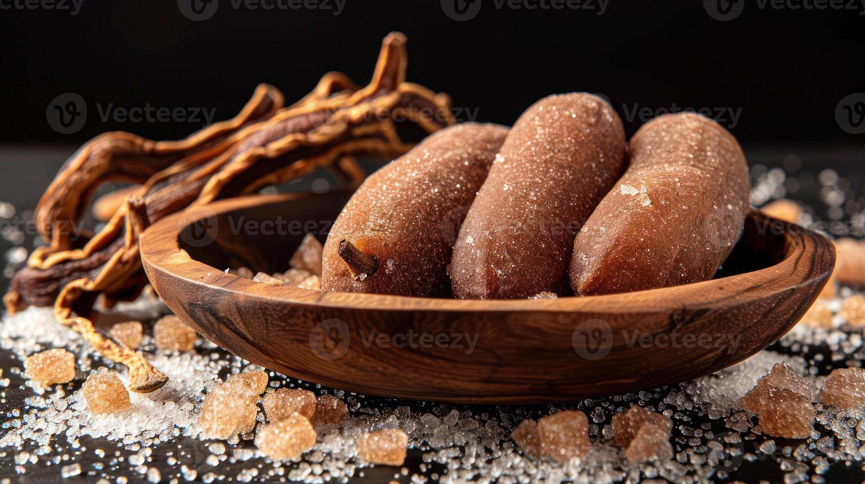 A wooden bowl filled with sweet treats and sugar, surrounded by decorative elements. photo