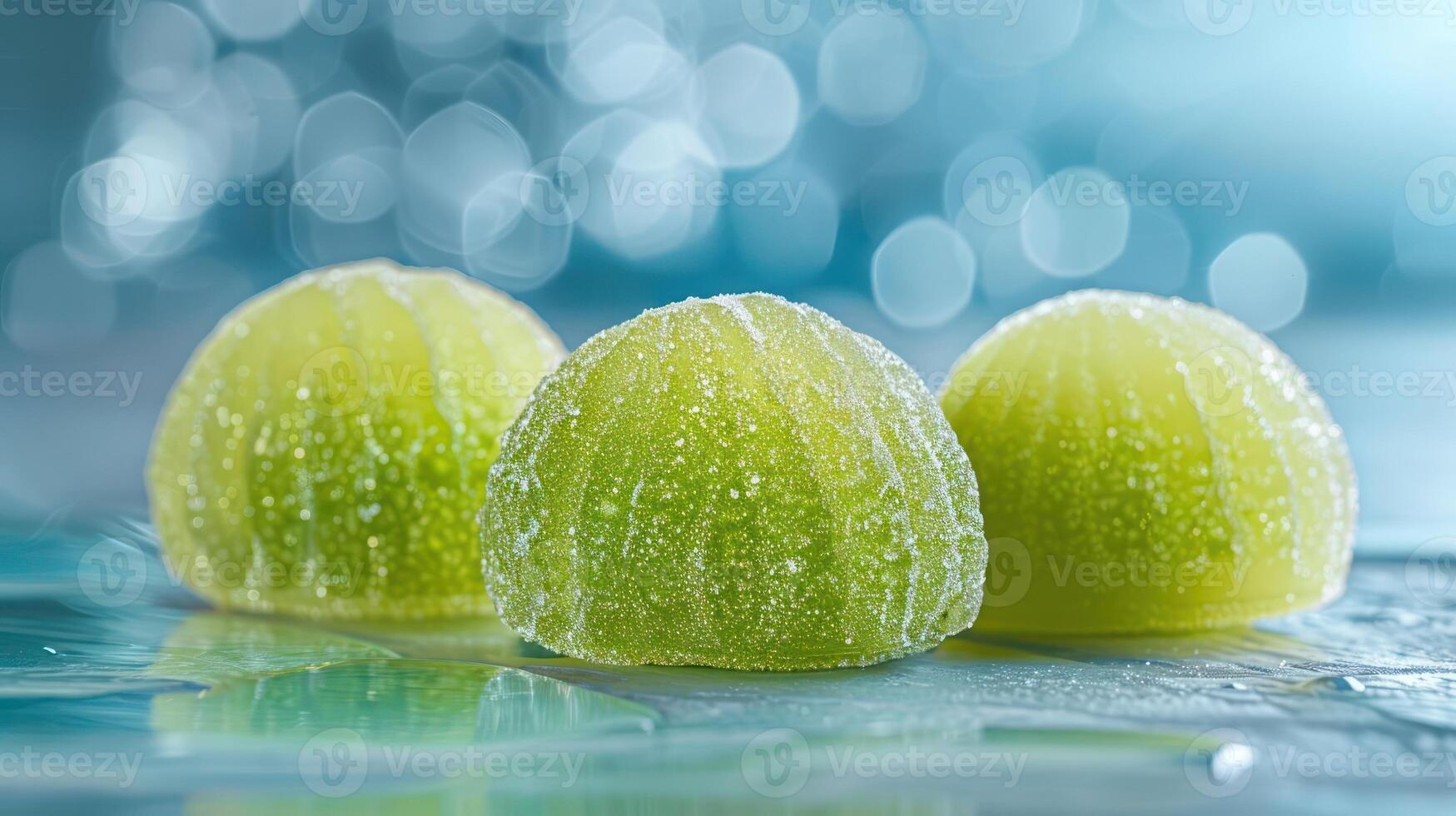 Three sparkling green candies glisten on a reflective surface against a blurred background. photo