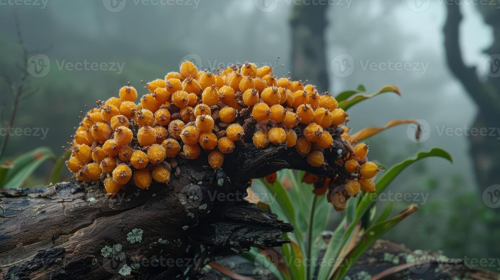 A cluster of vibrant orange fungi growing on a decaying log amidst a misty forest. photo