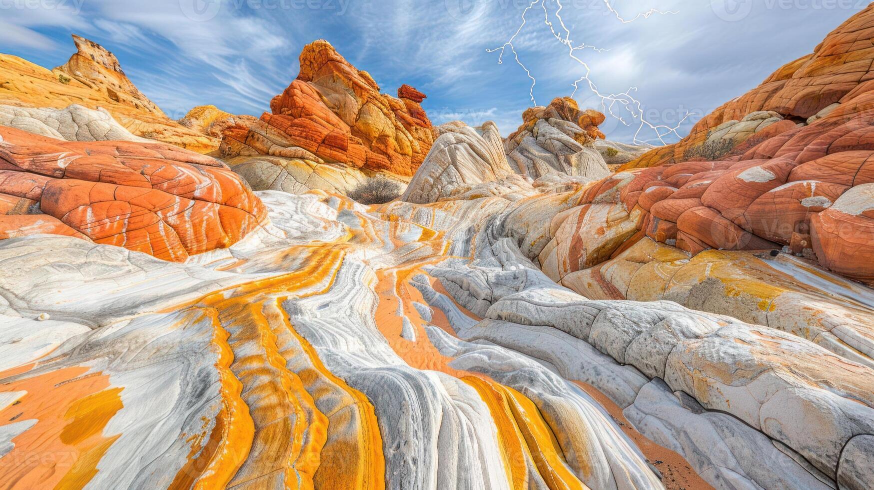 Striking landscape featuring vibrant rock formations and swirling patterns under a dramatic sky. photo