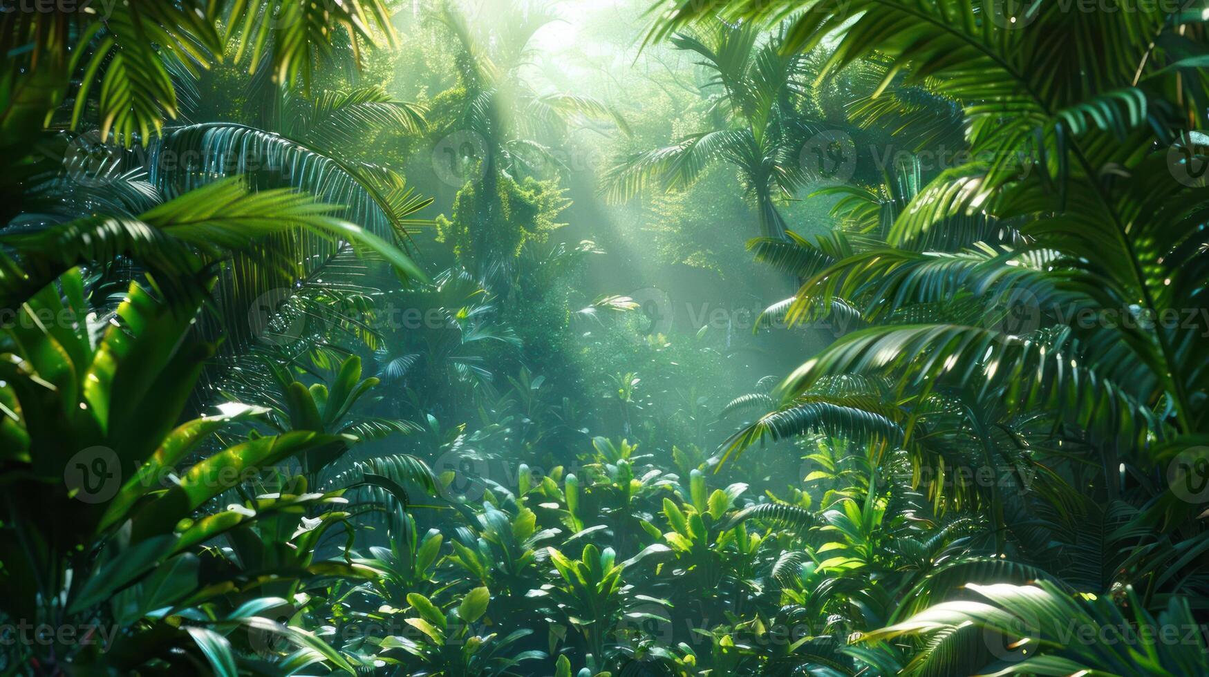 Lush tropical jungle with sunlight filtering through dense foliage. photo