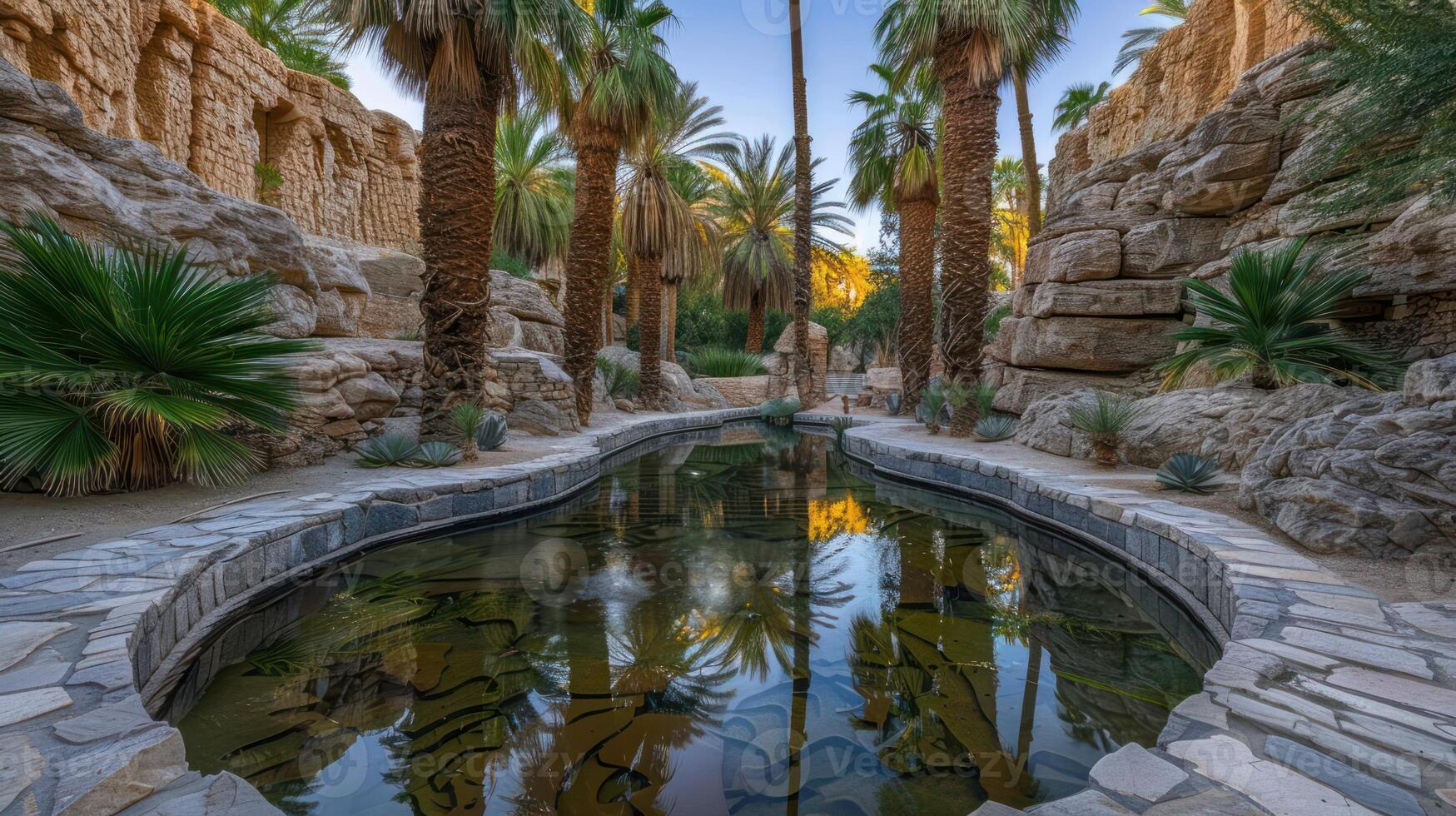 Serene oasis with palm trees and reflective water surrounded by rocky formations. photo