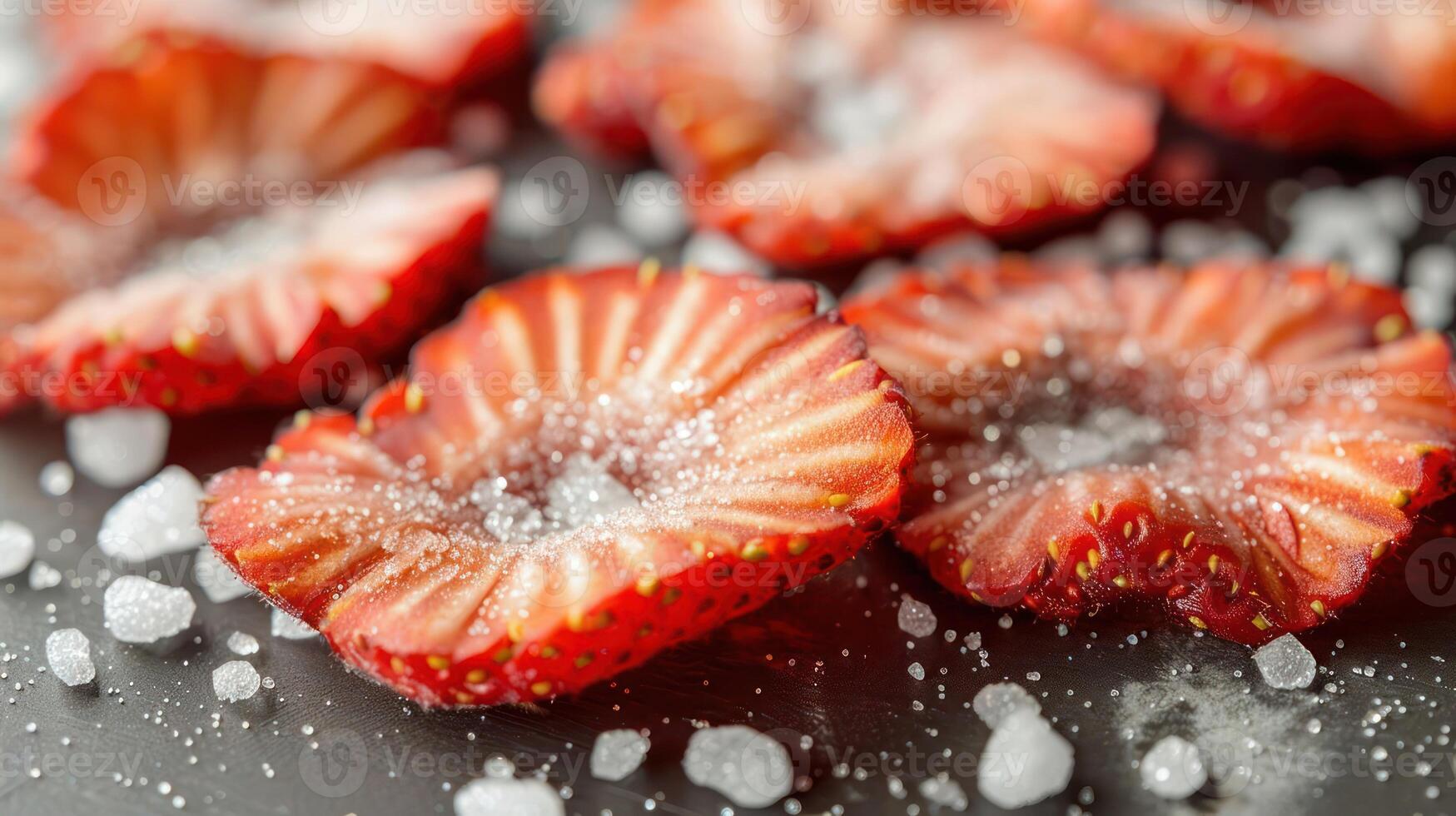 Sliced strawberries sprinkled with sugar on a dark surface, highlighting a sweet treat. photo