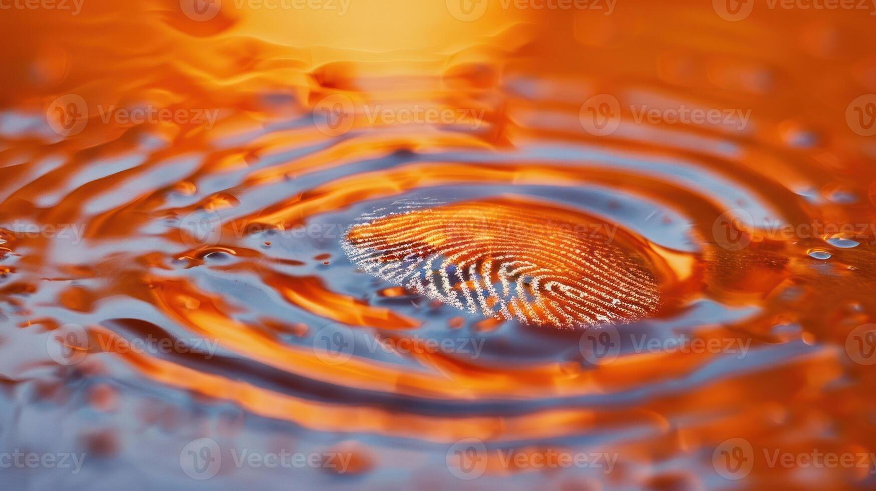 A close-up of a fingerprint creating ripples in a colorful liquid. photo