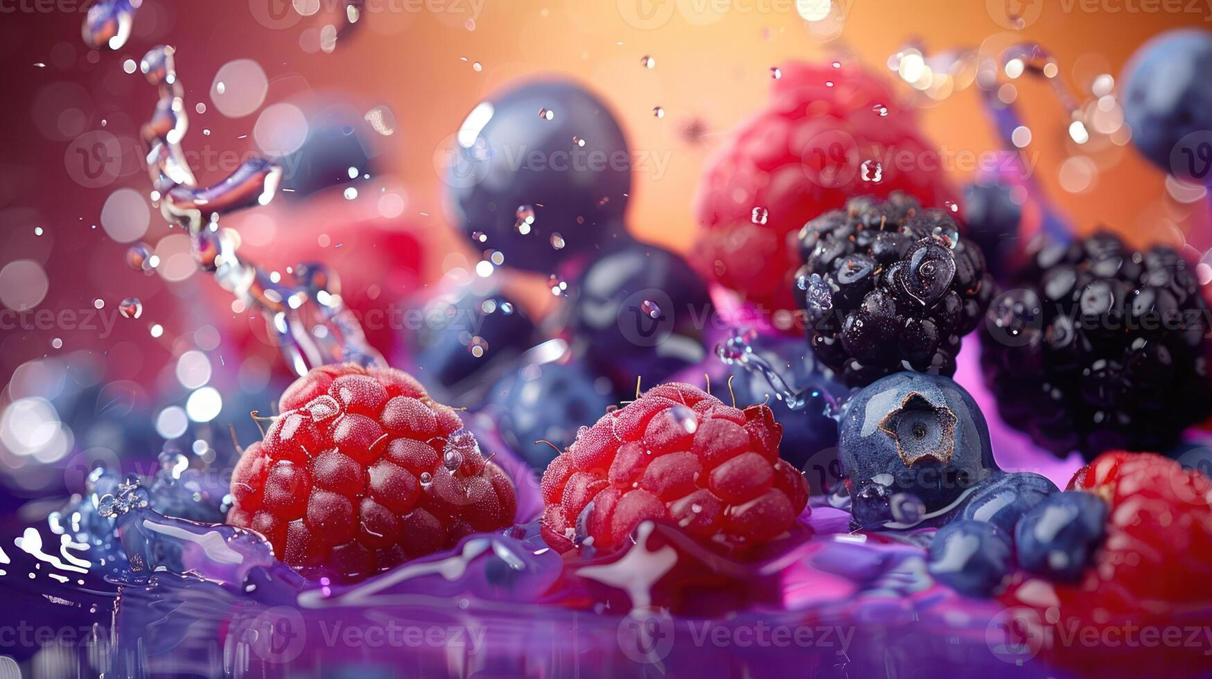 A vibrant splash of mixed berries in water, showcasing freshness and vitality. photo