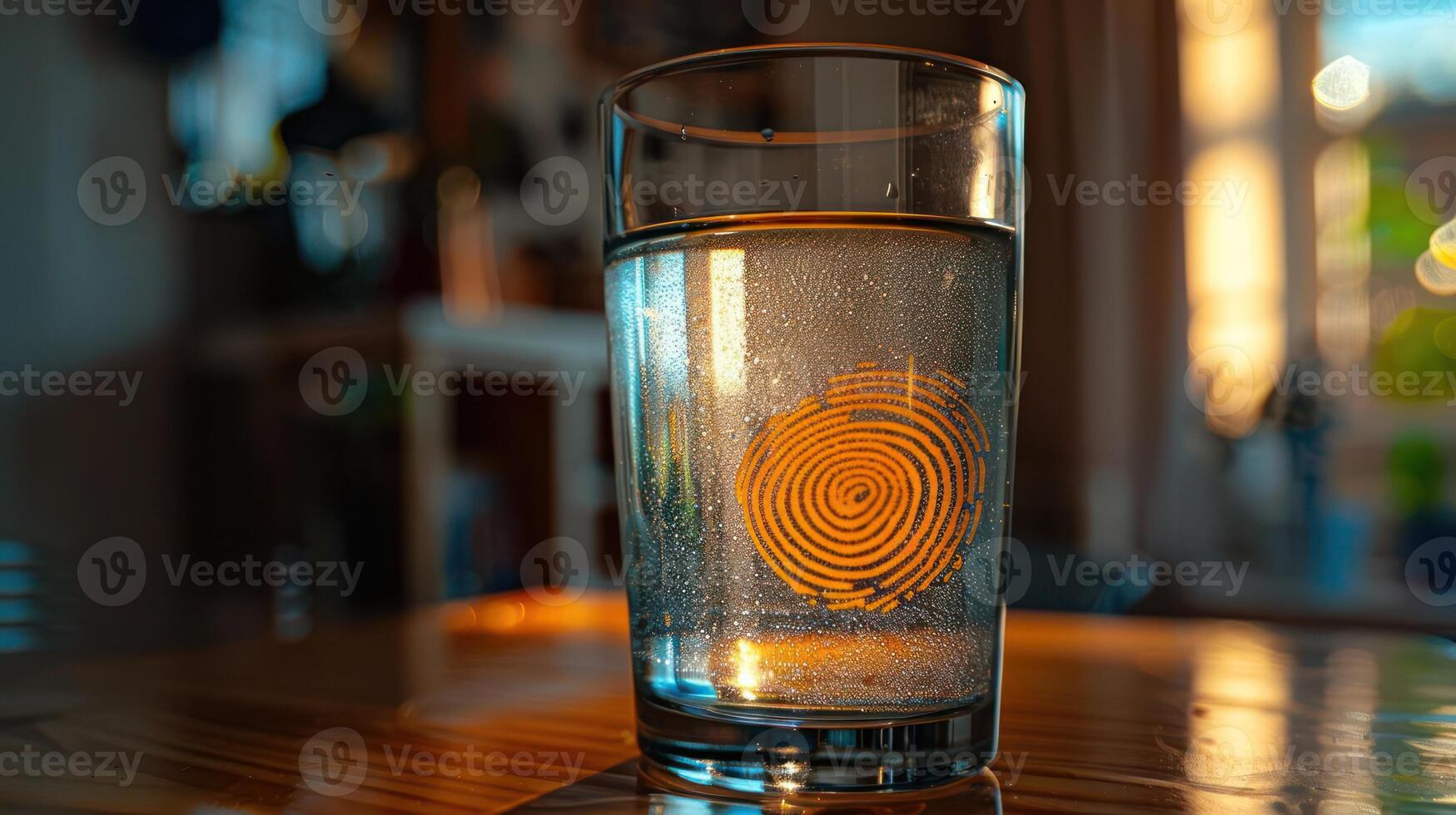 A glass of water with condensation and a circular design, illuminated by soft light. photo
