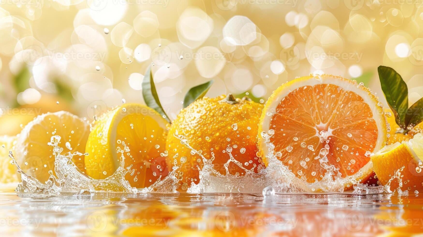 Fresh citrus fruits splashing in water, creating a vibrant and refreshing atmosphere. photo