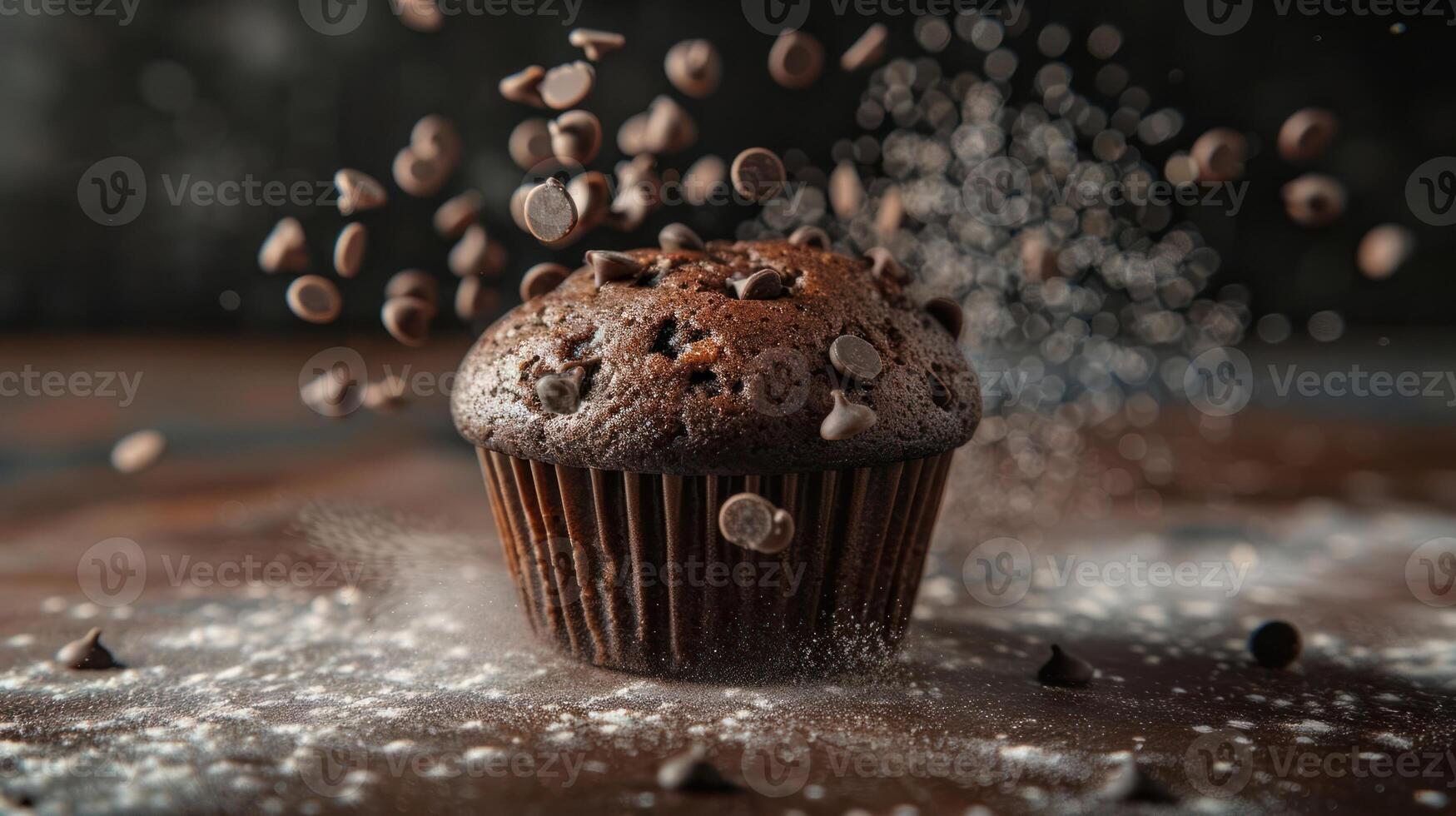 A chocolate muffin surrounded by falling chocolate chips and powdered sugar. photo