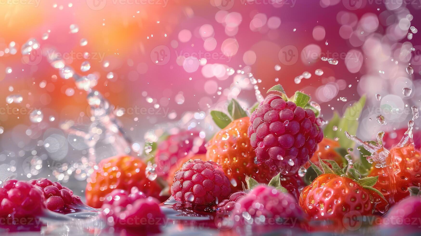 Fresh raspberries splashing in water, creating a vibrant and colorful scene. photo