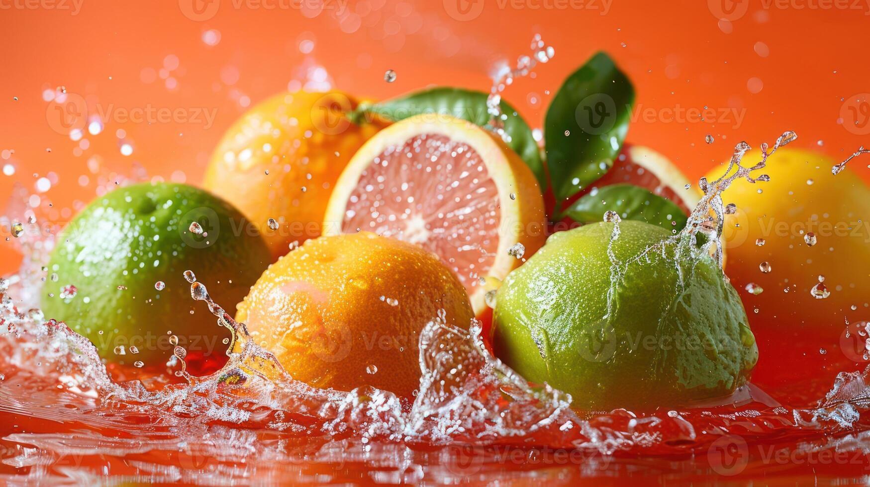 Fresh citrus fruits splashing in water against a vibrant orange background. photo