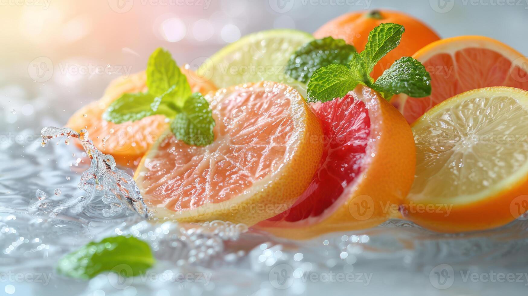 Fresh citrus fruits with mint splashing in water, evoking a refreshing, vibrant atmosphere. photo