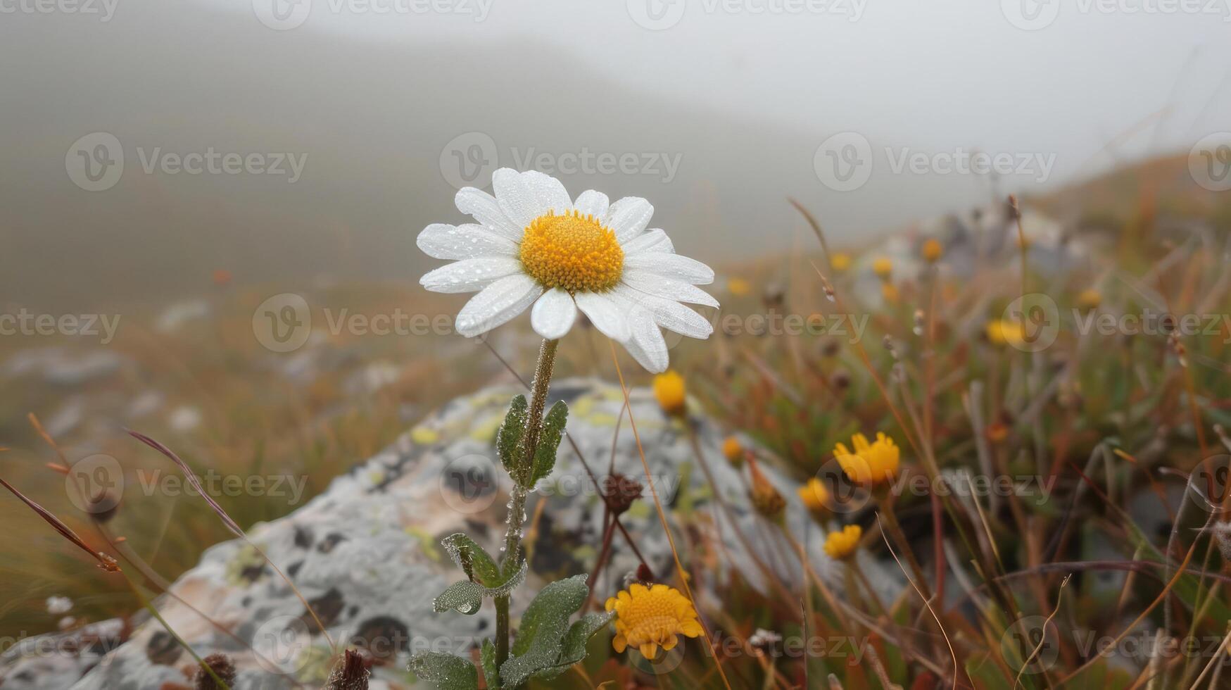 A close-up of a daisy amidst misty mountains and colorful wildflowers. photo
