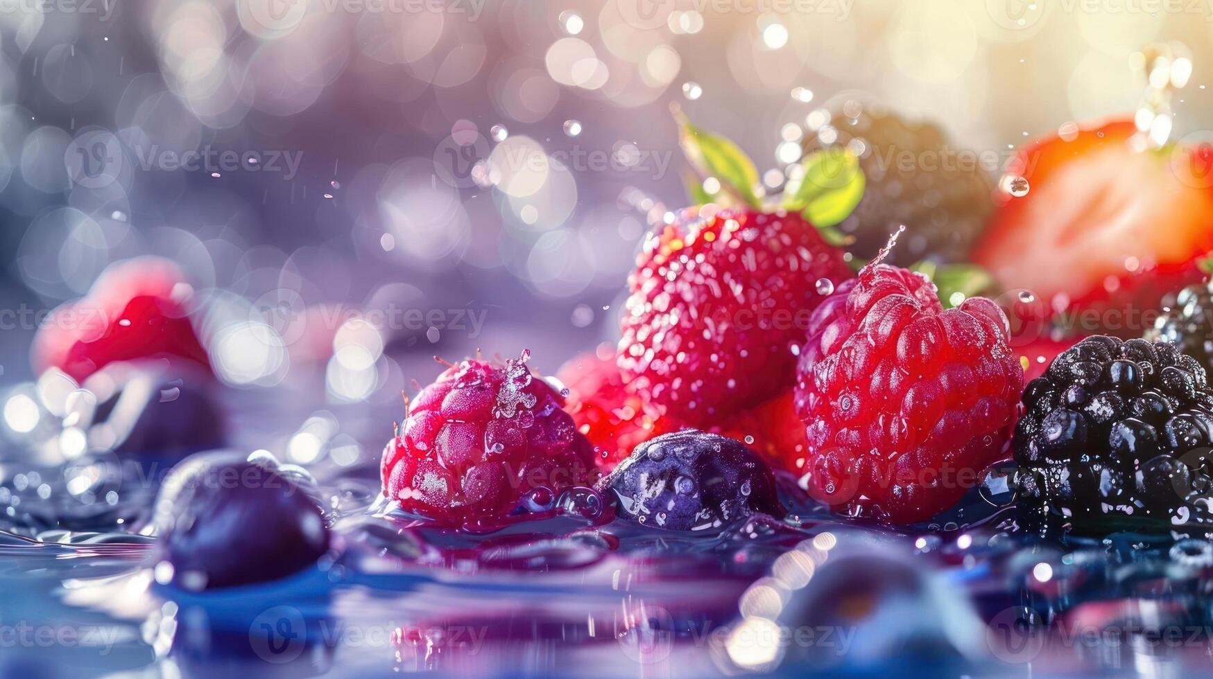 Fresh berries splashing in water, creating a vibrant and refreshing scene. photo