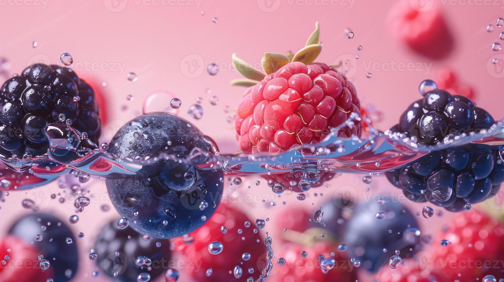 Fresh berries splashing in water, showcasing vibrant colors and textures. photo