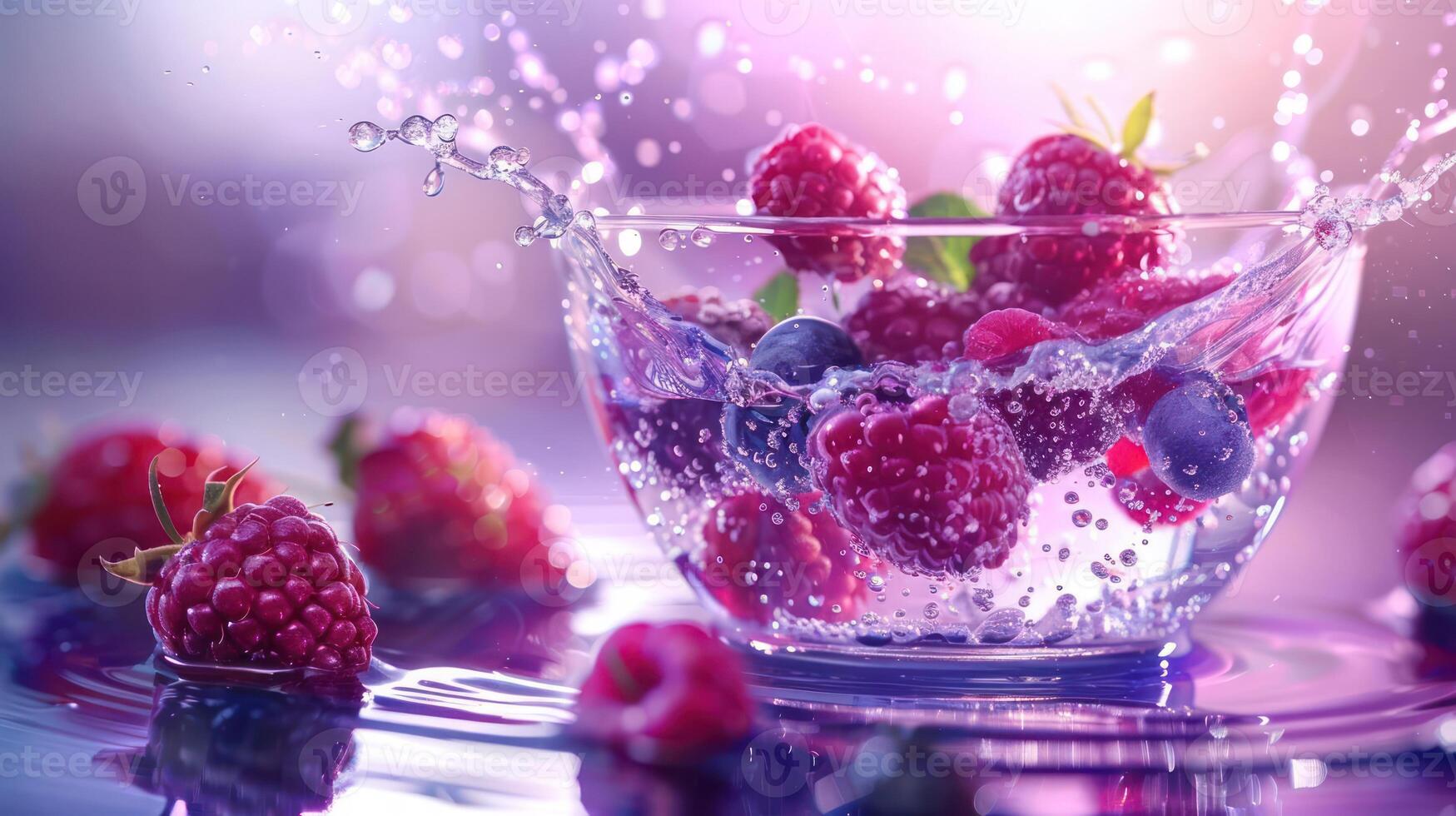A bowl of berries splashing in water, creating a refreshing and vibrant scene. photo