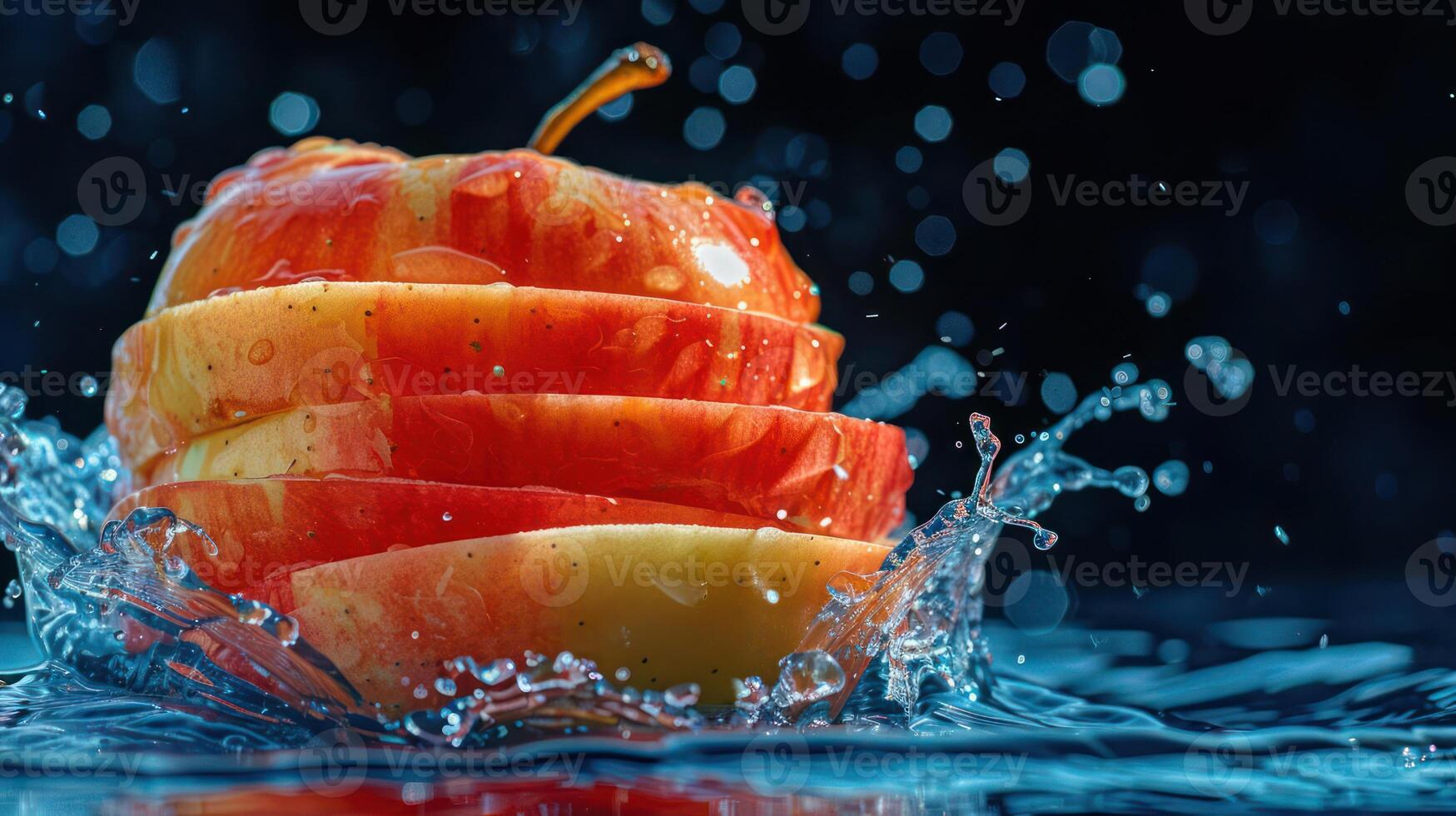 A sliced apple splashes in water, showcasing freshness and vitality. photo