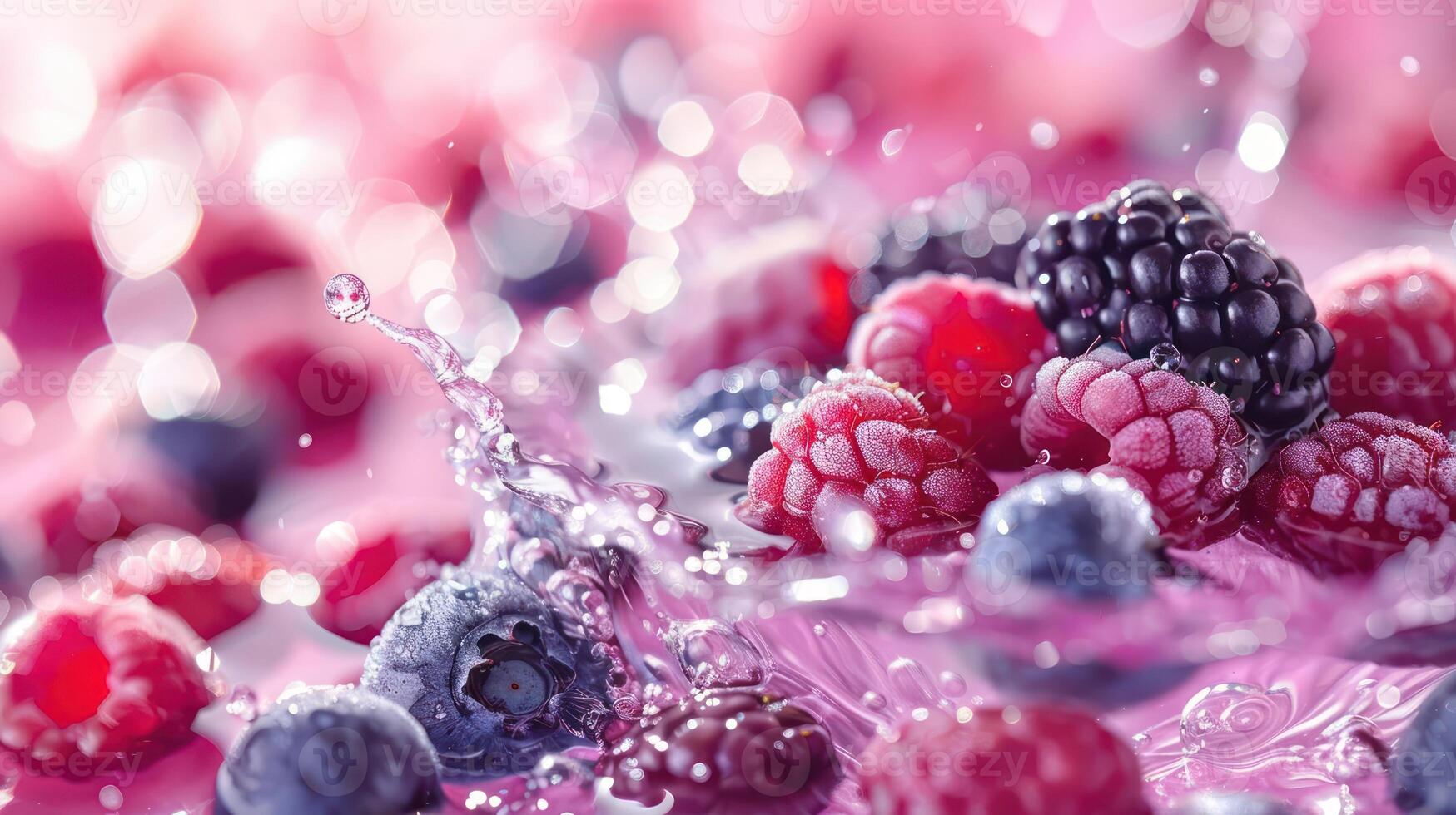 A vibrant splash of mixed berries with water droplets on a pink background. photo