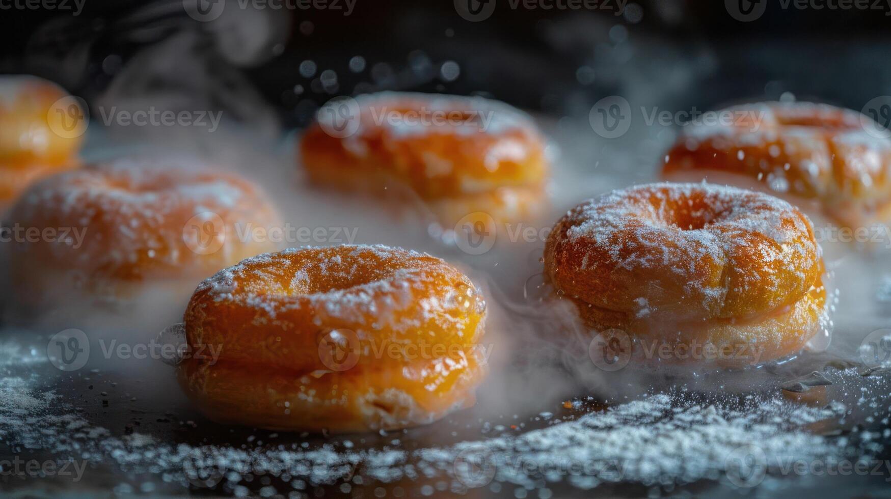 Glazed donuts dusted with powdered sugar, surrounded by wisps of steam. photo