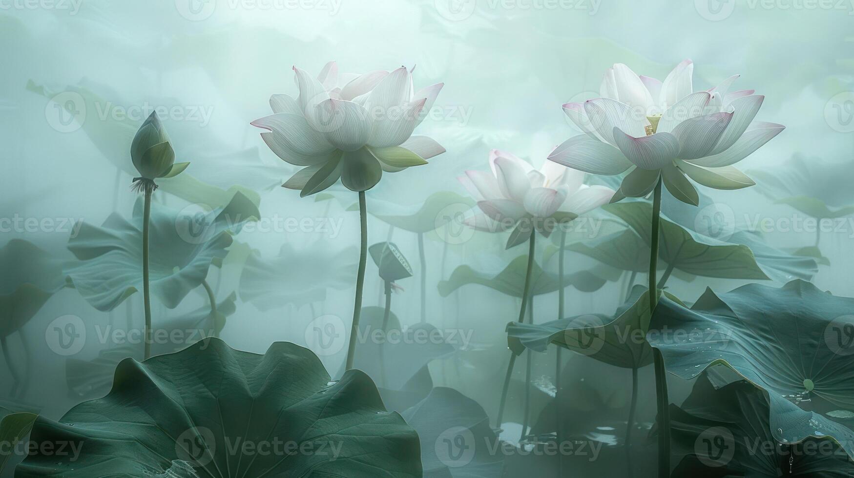 Ethereal scene of blooming lotus flowers surrounded by lush green leaves in a misty environment. photo