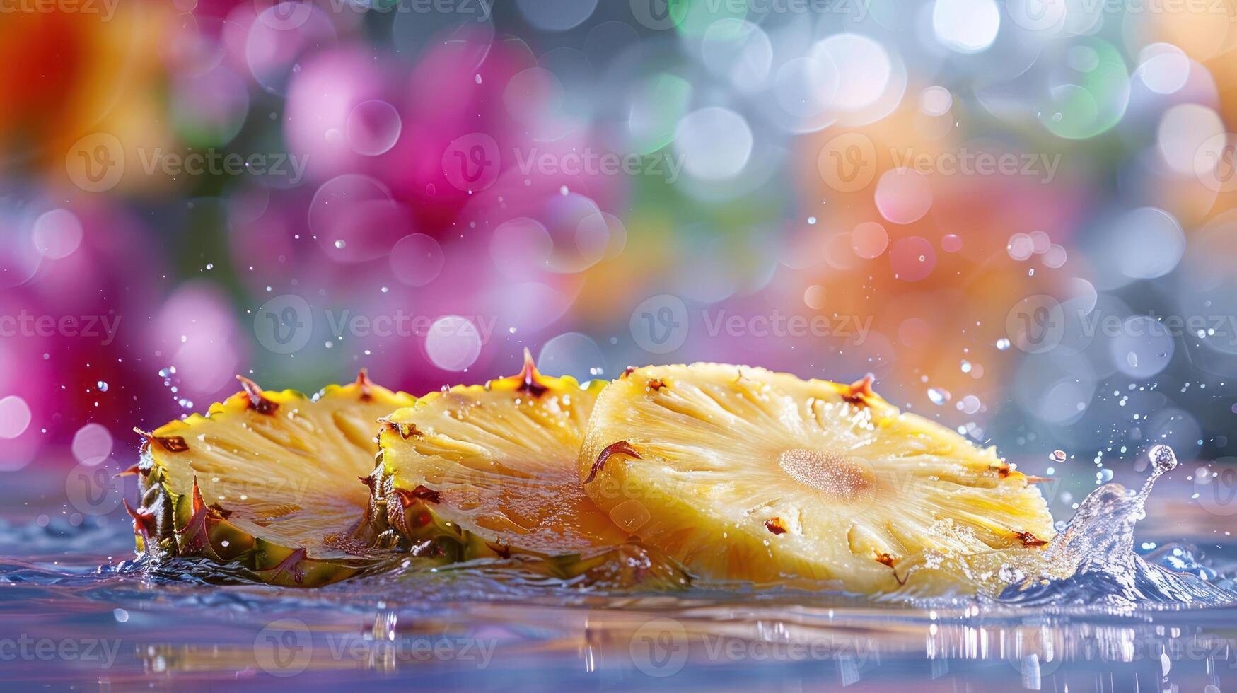 Fresh pineapple slices splashing in water against a colorful, blurred floral background. photo
