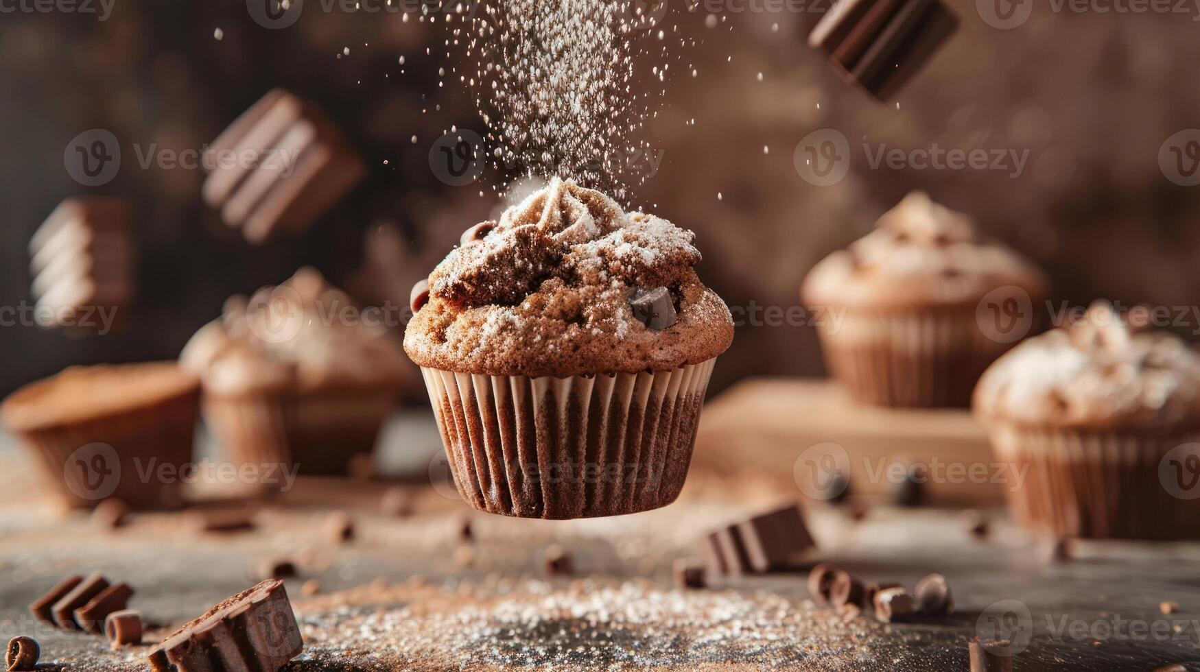 A delicious chocolate cupcake floating with powdered sugar and chocolate pieces around it. photo