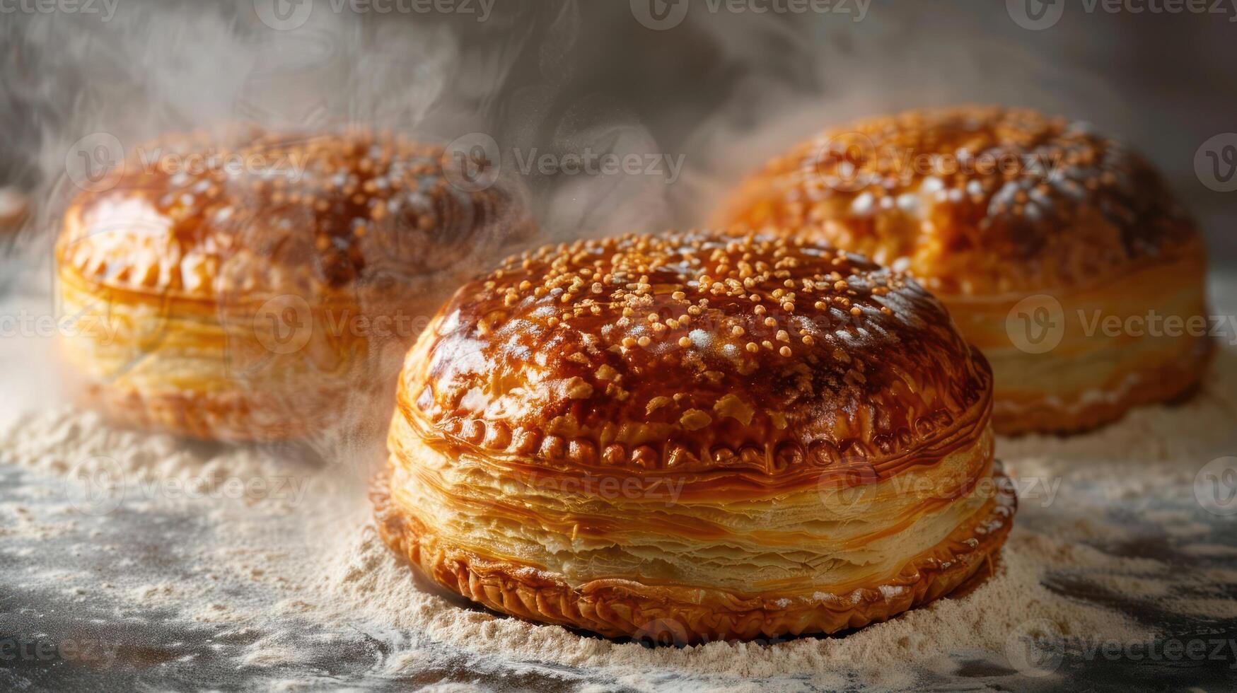 Three golden pastries with flaky layers and a shiny top, surrounded by flour. photo
