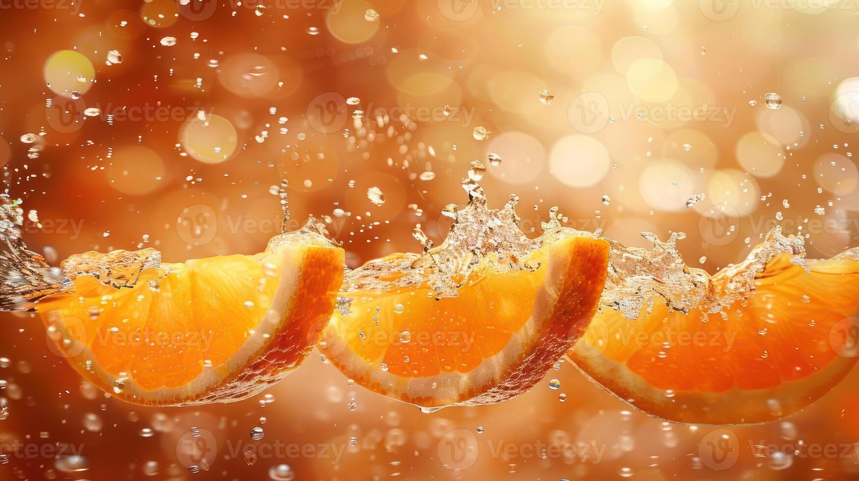 Vibrant orange slices splashing in water against a blurred background. photo