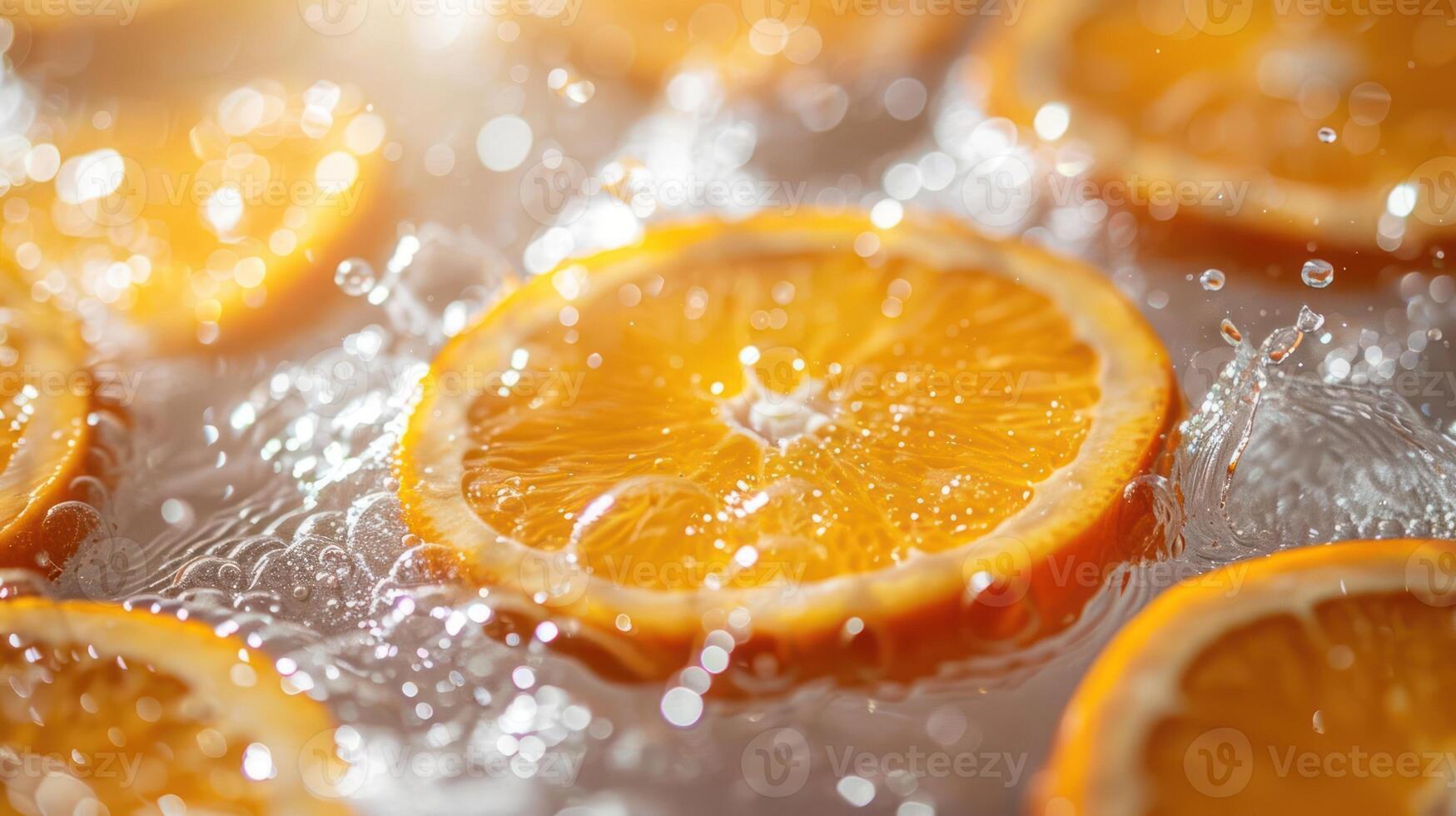 Fresh orange slices splashing in water, highlighting their vibrant color and texture. photo