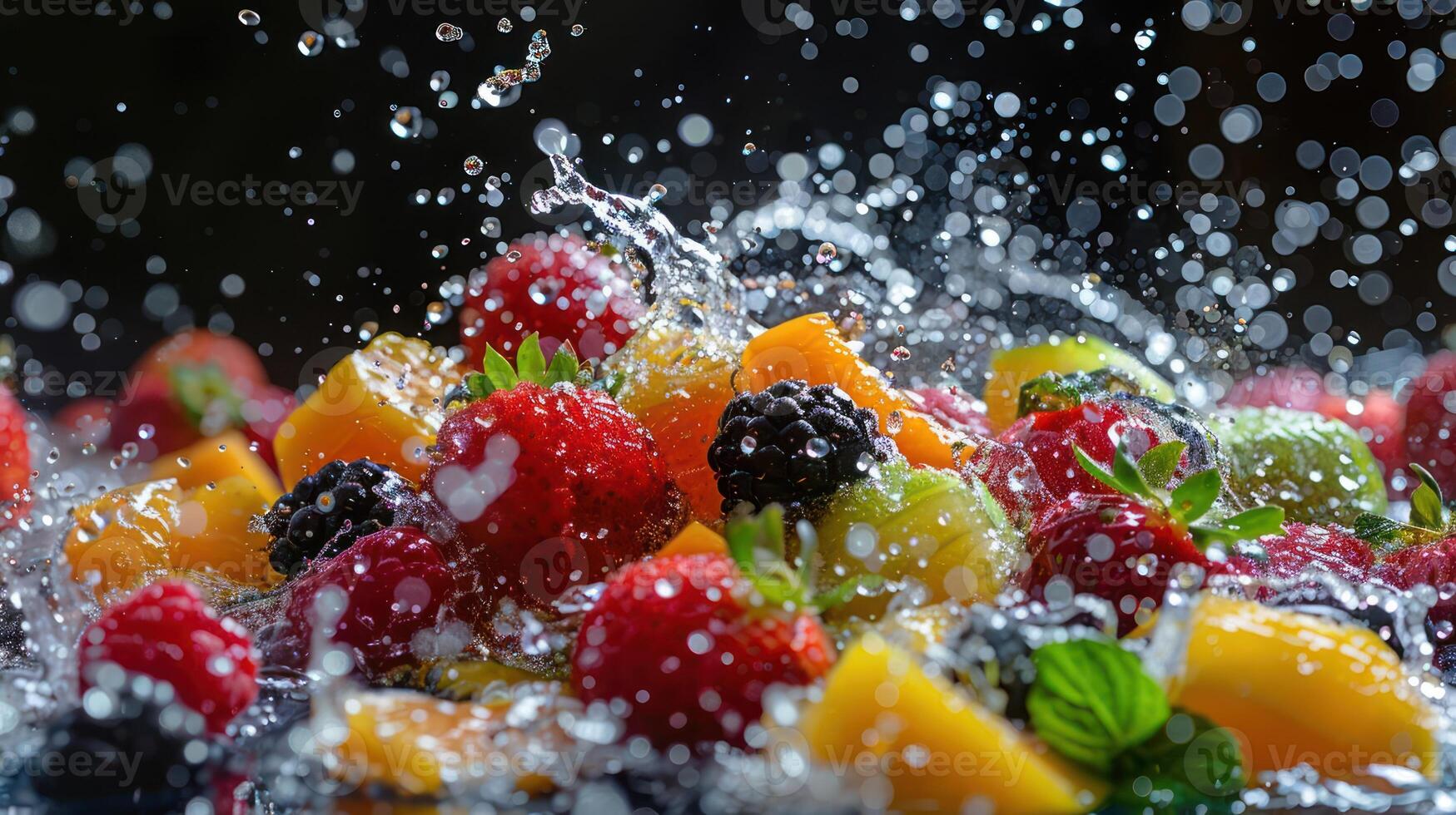 A vibrant splash of mixed fruits with water droplets, showcasing freshness and vitality. photo