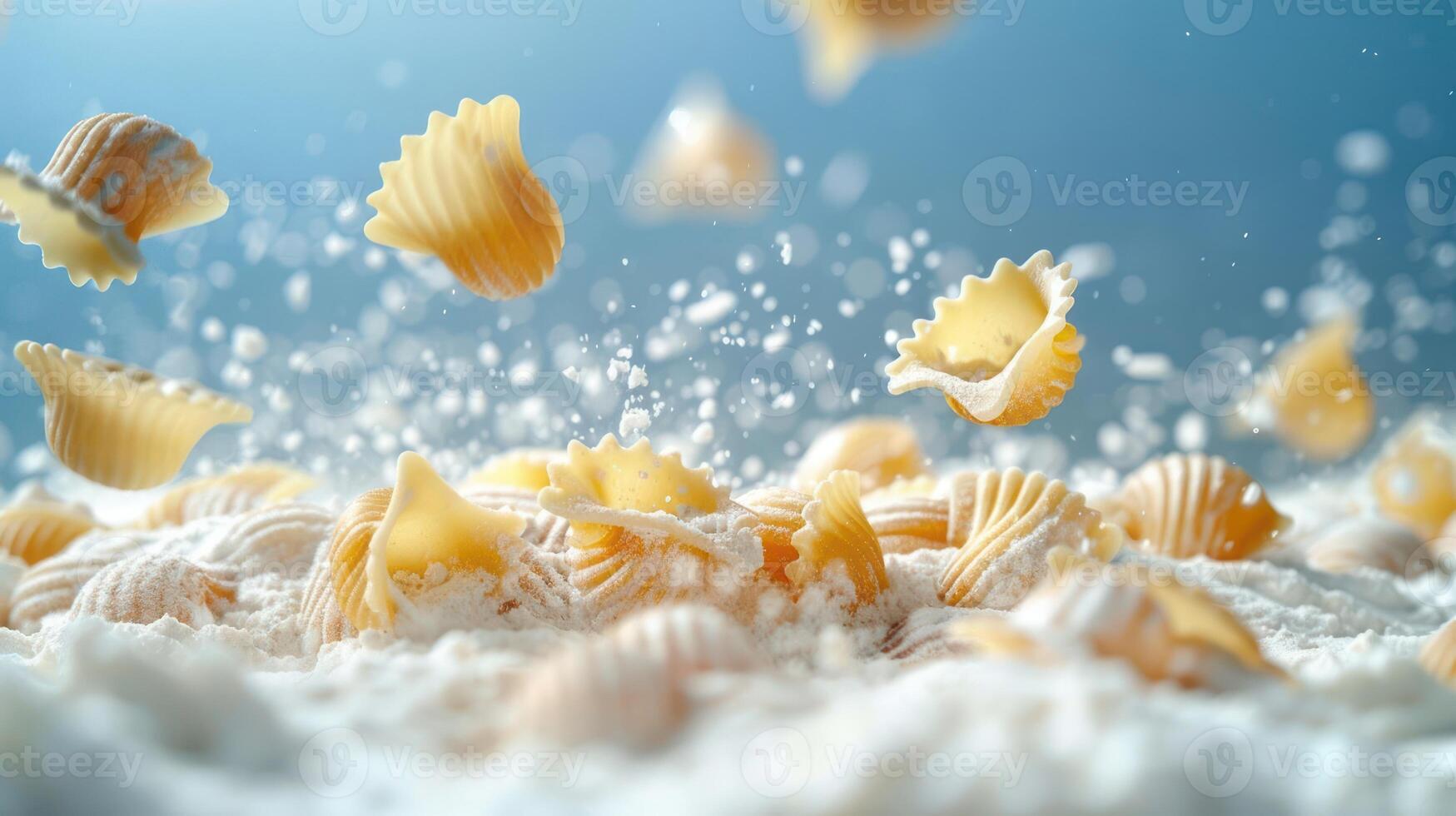 Pasta shells in motion, surrounded by flour, creating a dynamic food scene. photo