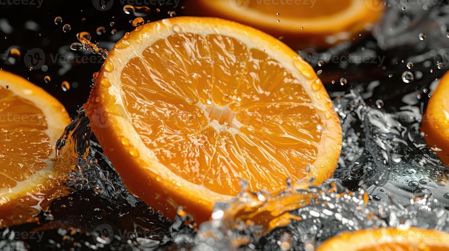 Juicy orange slices splashing in water, showcasing freshness and vibrancy. photo