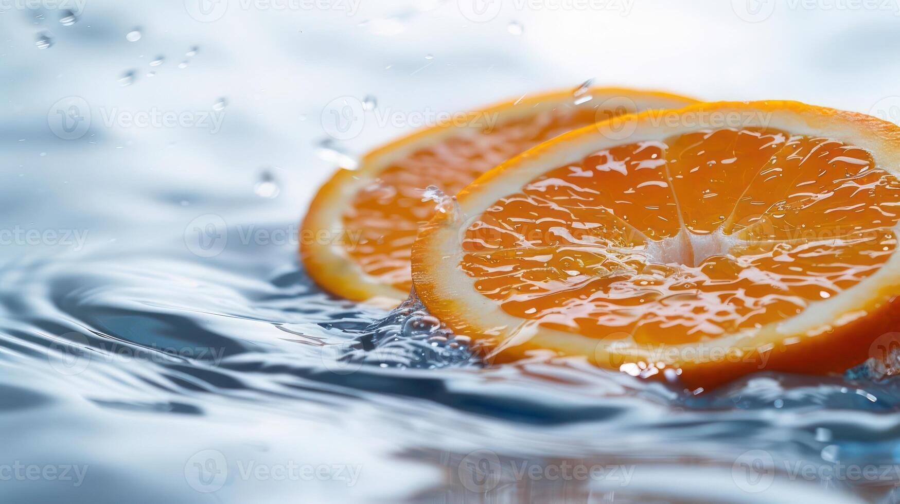 Fresh orange slices floating in water, creating a refreshing and vibrant scene. photo