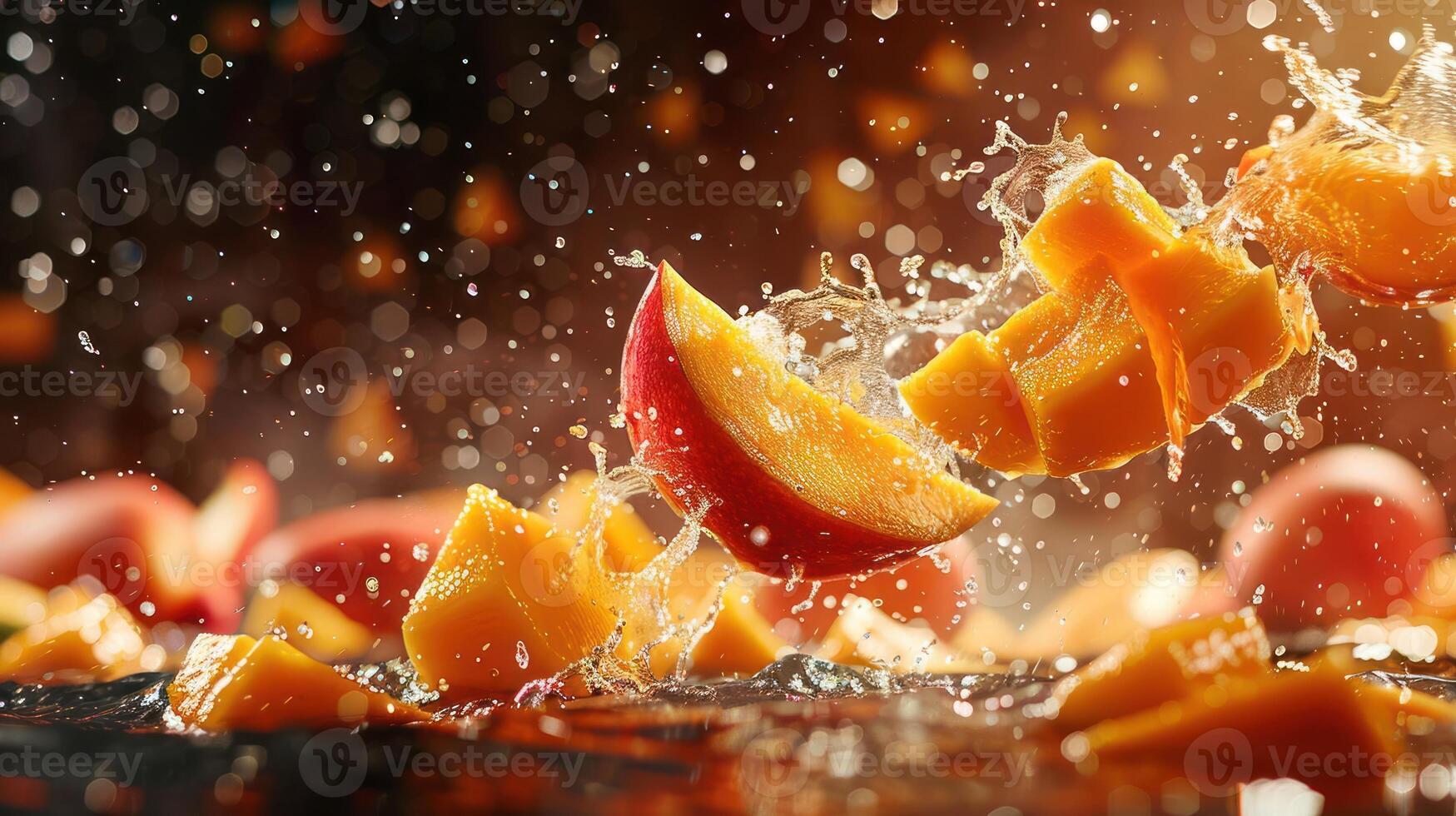 Vibrant fruits splashing in water, showcasing freshness and vitality. photo
