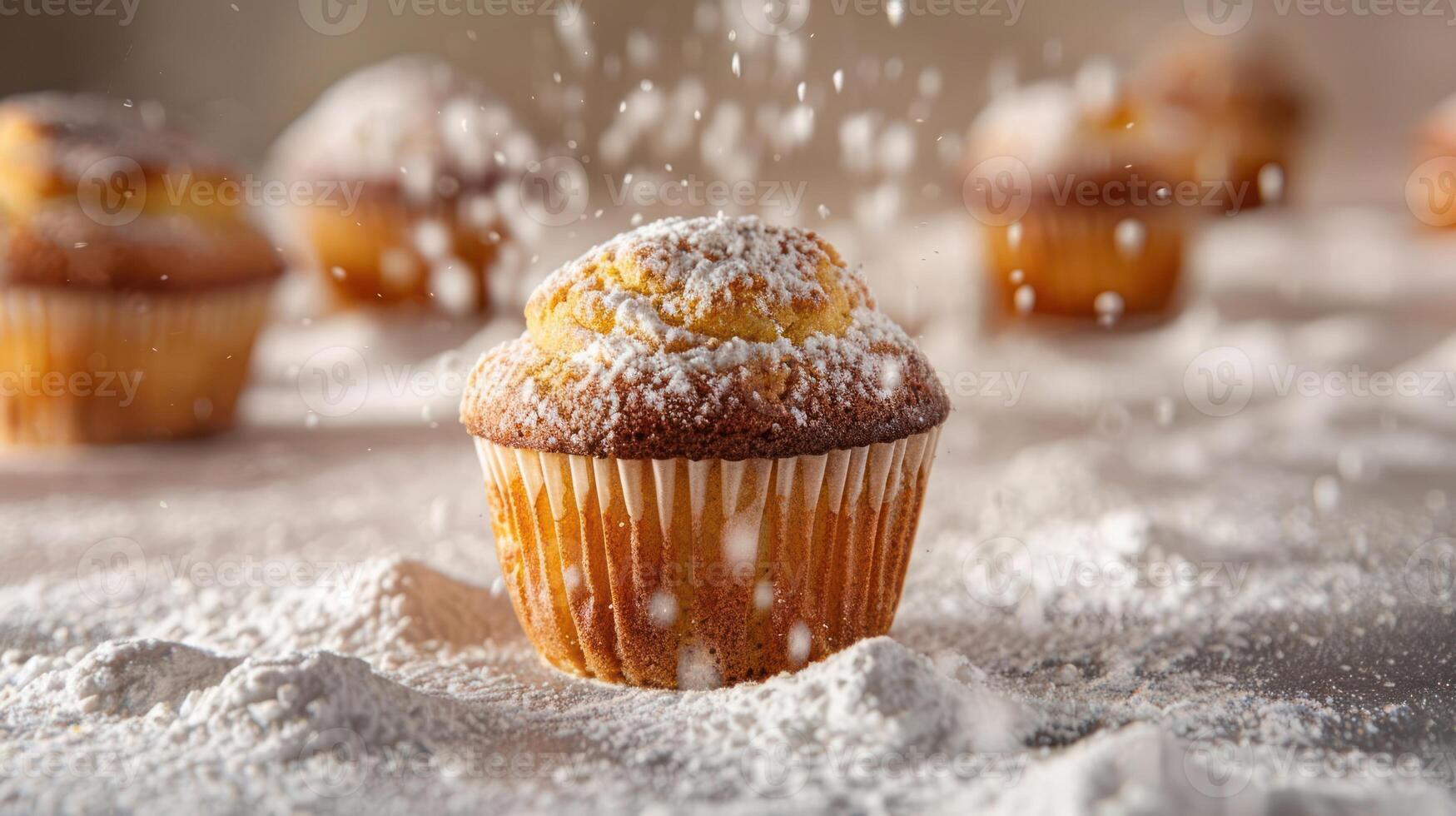 A freshly baked cupcake dusted with powdered sugar, surrounded by a snowy backdrop. photo