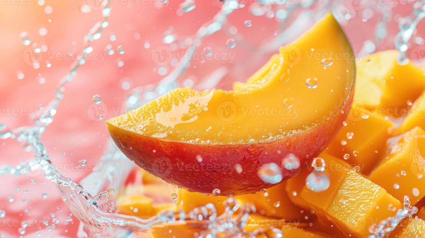A vibrant mango slice splashes into water, highlighting freshness and juiciness. photo