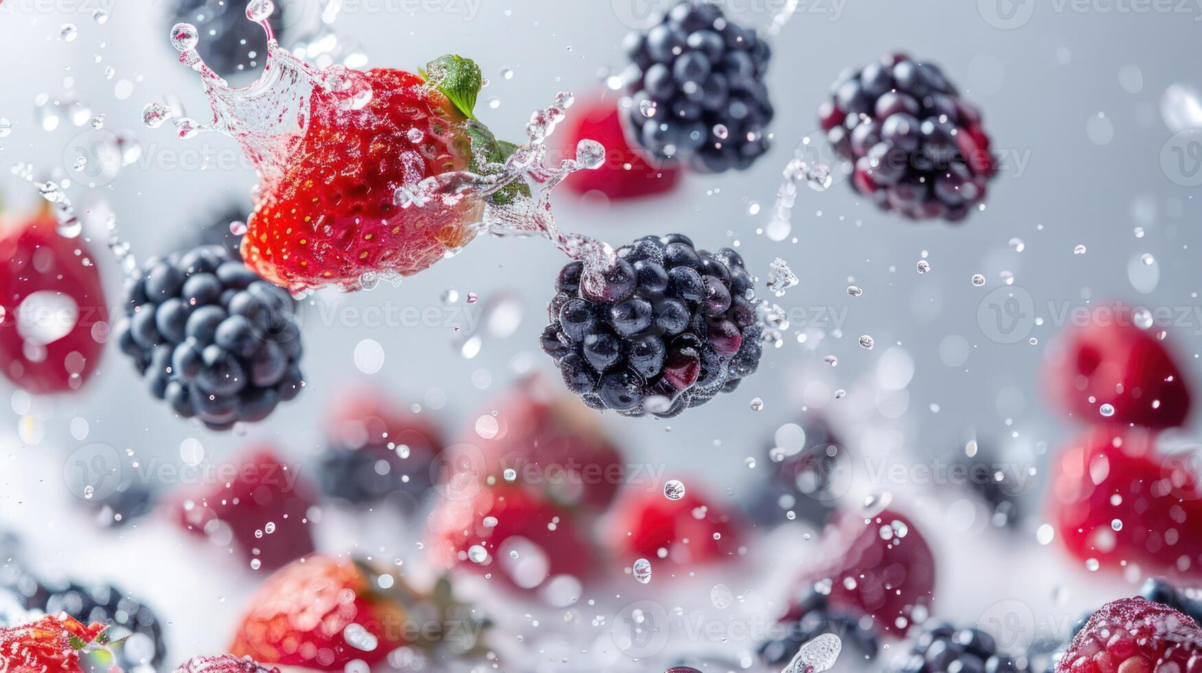 Fresh berries splashing in water, showcasing vibrant colors and dynamic motion. photo