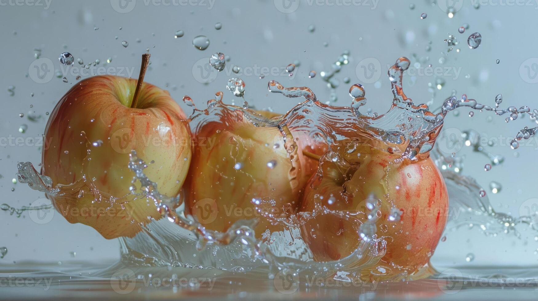 Three apples splashing in water, showcasing freshness and vitality. photo