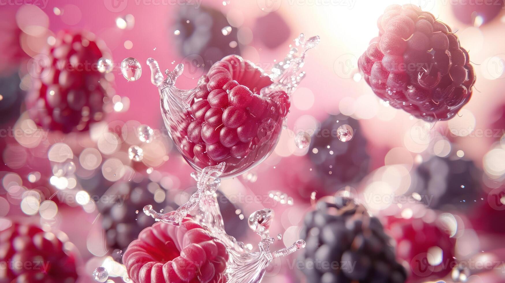 Vibrant raspberries splashing in water with a soft, colorful background. photo