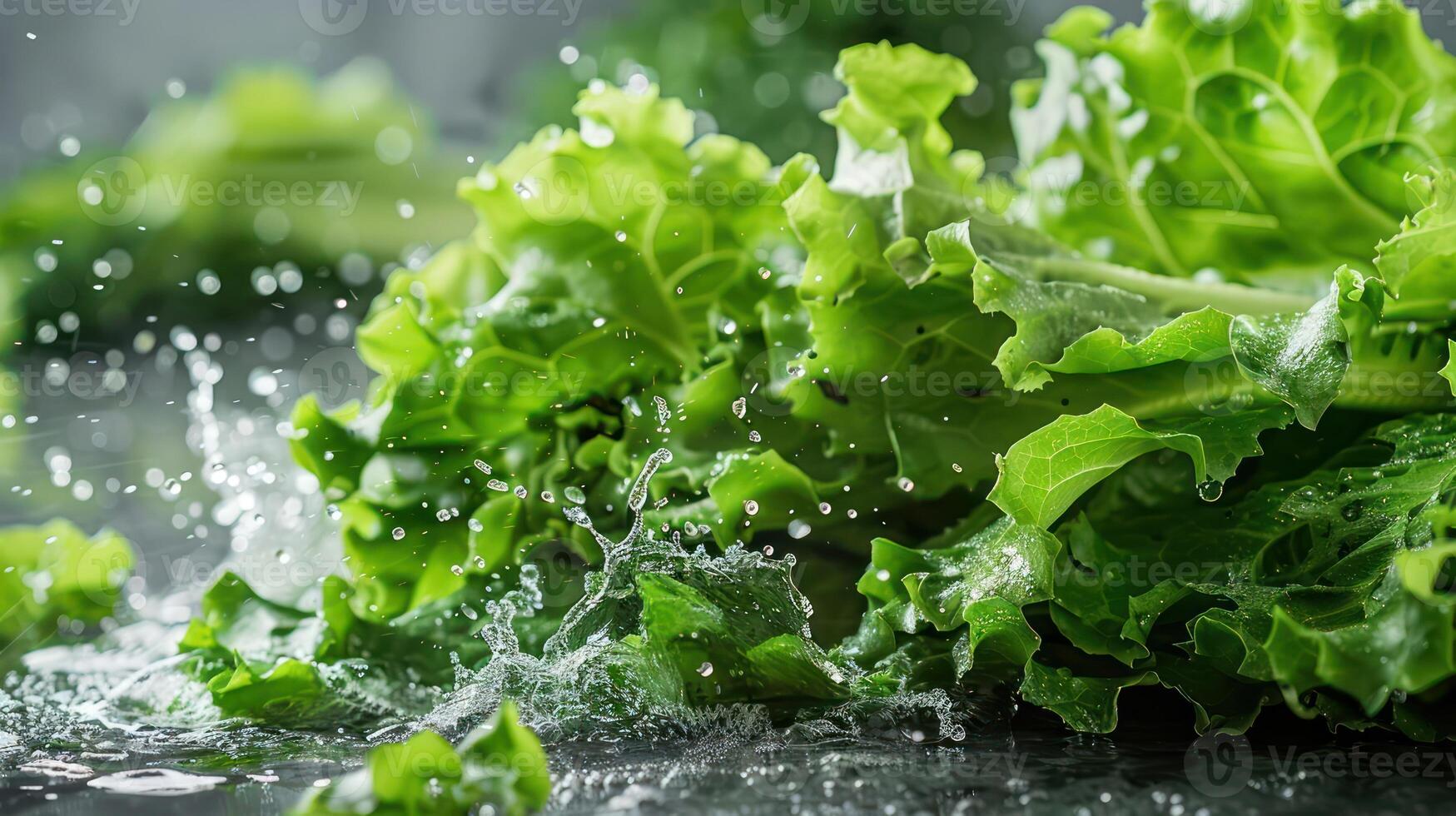 Fresh green lettuce with water droplets, emphasizing freshness and healthy eating. photo