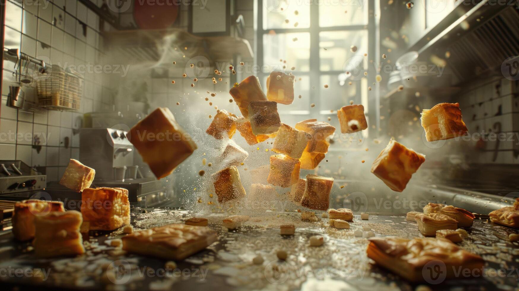 A dynamic scene of flying pastries in a kitchen, showcasing culinary action and creativity. photo
