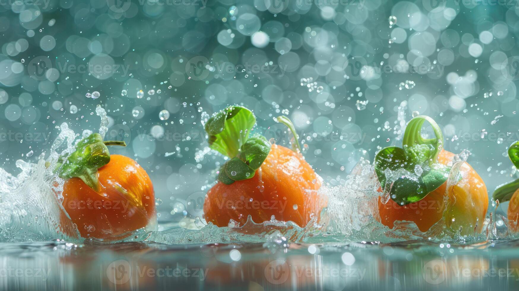 Fresh persimmons splashing in water, creating a vibrant and dynamic visual effect. photo