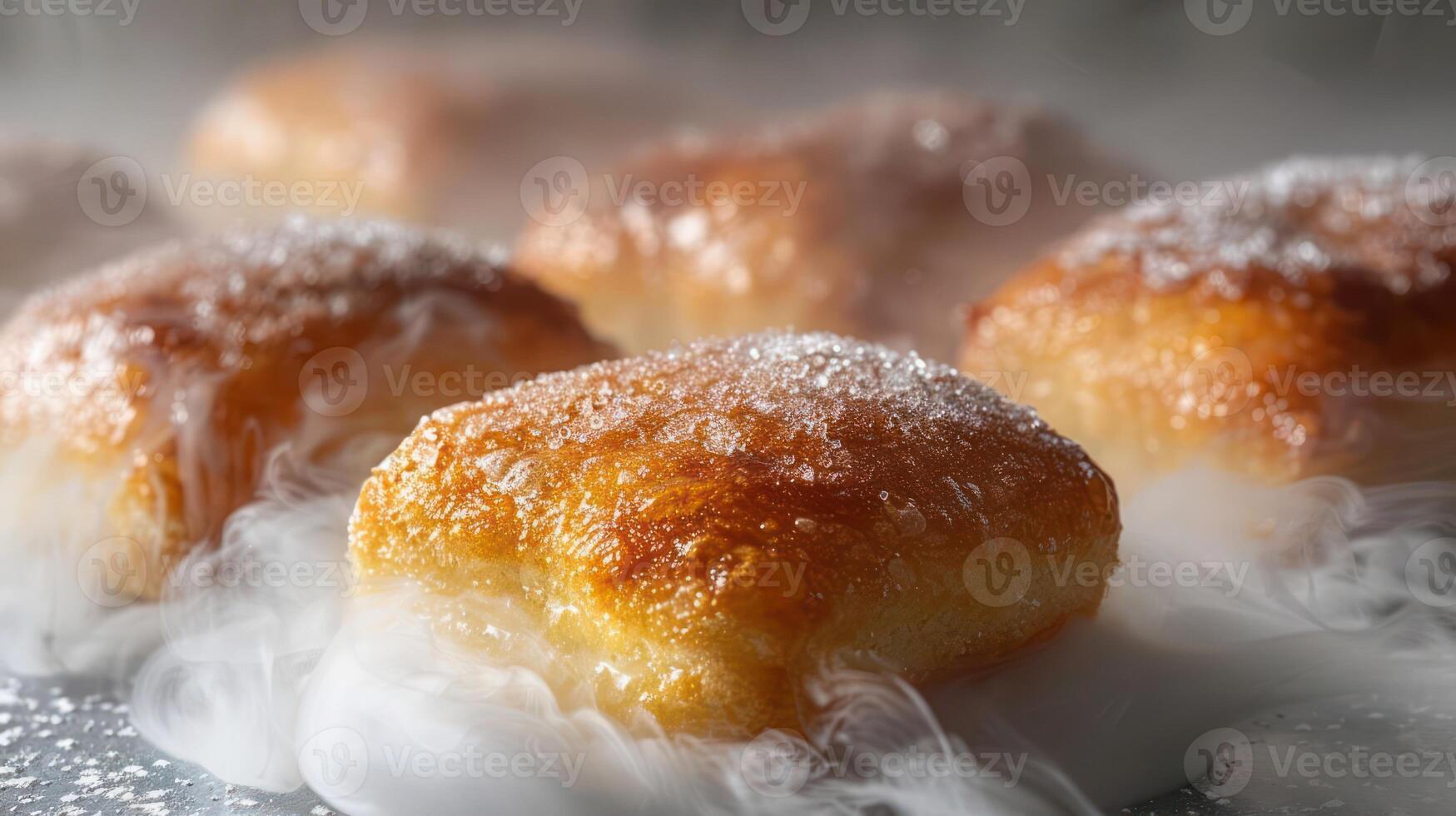 A close-up of glazed pastries surrounded by mist, showcasing their texture and sweetness. photo
