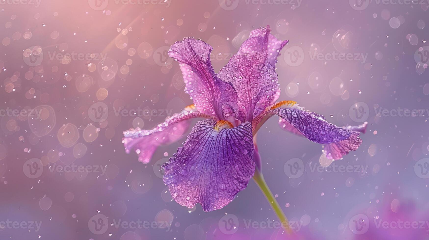 A close-up of a purple iris flower adorned with water droplets, set against a soft background. photo